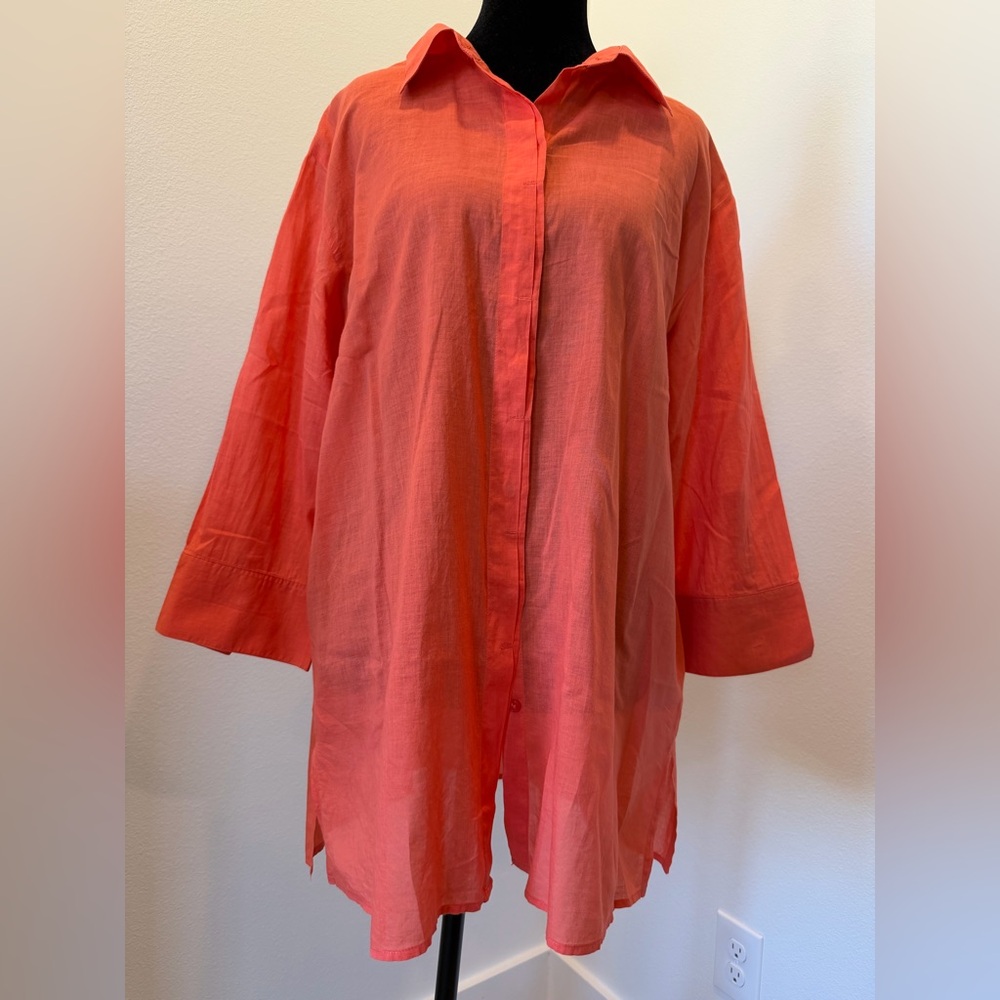 Chico’s Coral Button-Up Tunic-Size 3